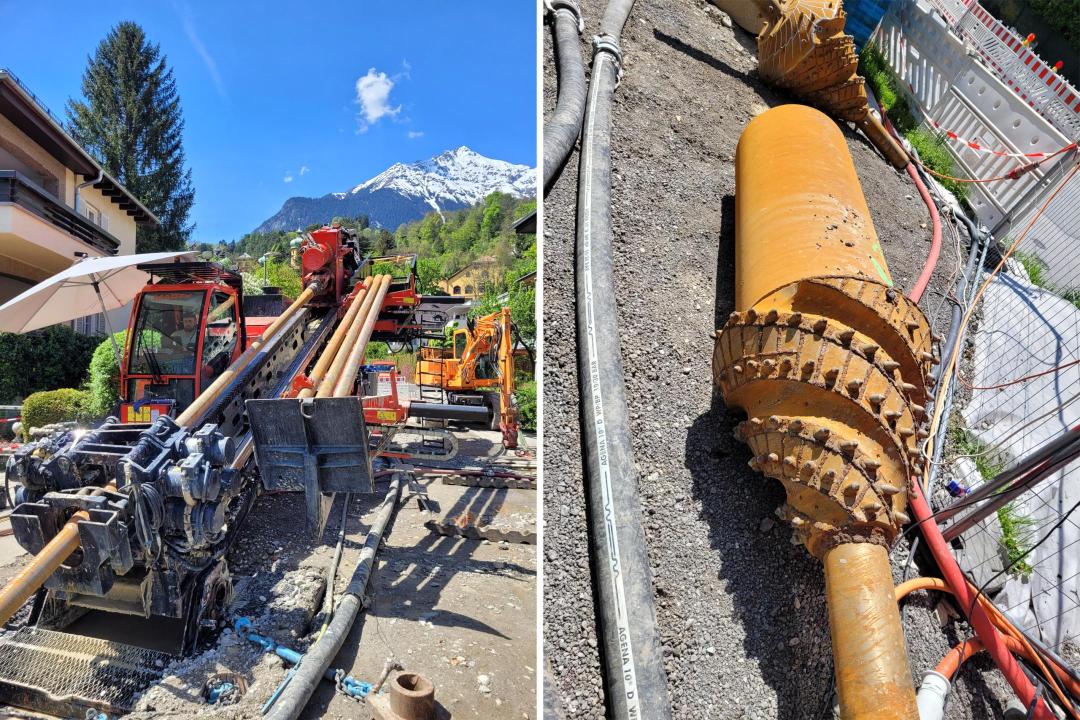 rechts: Großbohranlage in herrlicher Kulisse  links: Einzugkopf der Dimension DN 500