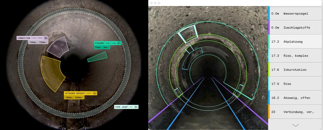 Rohraufnahme mit überlagerter Schadenscodierung durch KI, Beispiele 1 und 2