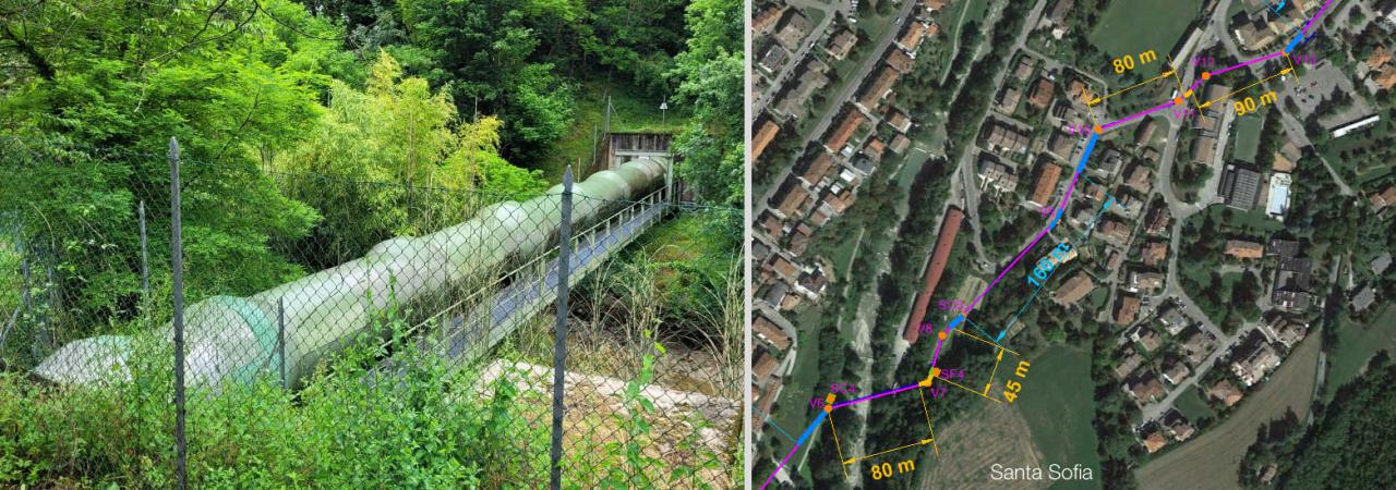 Condotta Principale auf einer Rohrbrücke (links), Planung von Einbauabschnitten in der Ortschaft Santa Sofia (rechts)